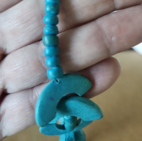 Wooden necklace/turquoise.  Unique shapes, lightweight. 11" from top to bottom - Picture 2 of 5